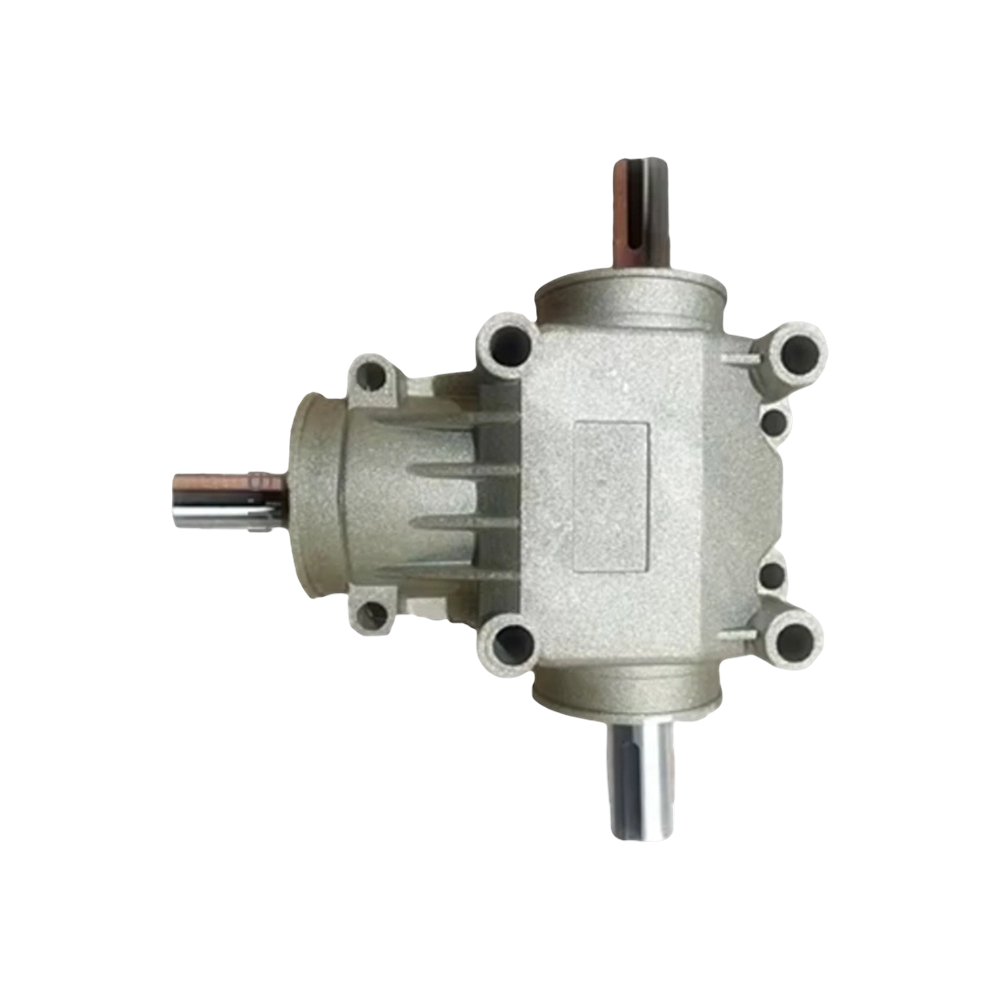 Riduttore ad angolo retto con alloggiamento in alluminio a 3 vie serie BA802 con alberi scanalati a doppia uscita